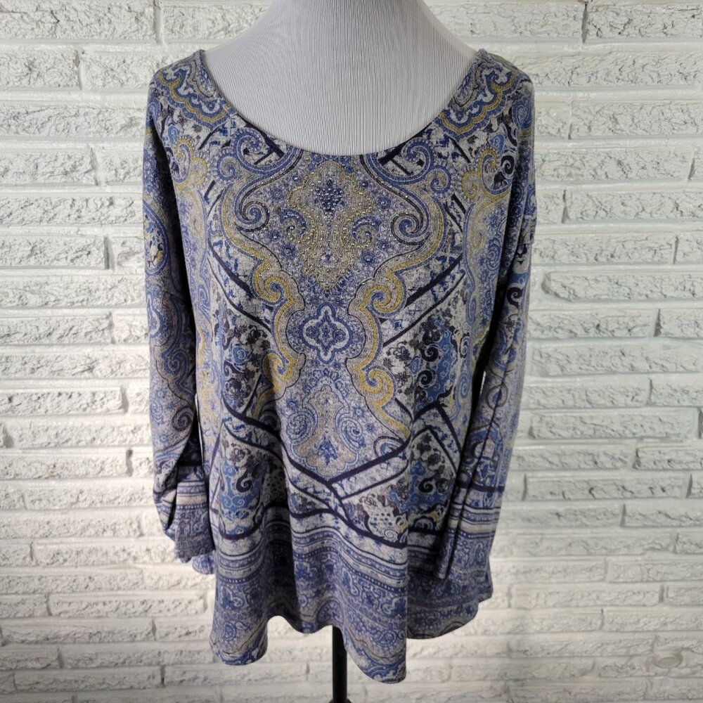 One World Live Let Live XL Top Black Geometric Studded 3/4 Sleeve GEO255XE
